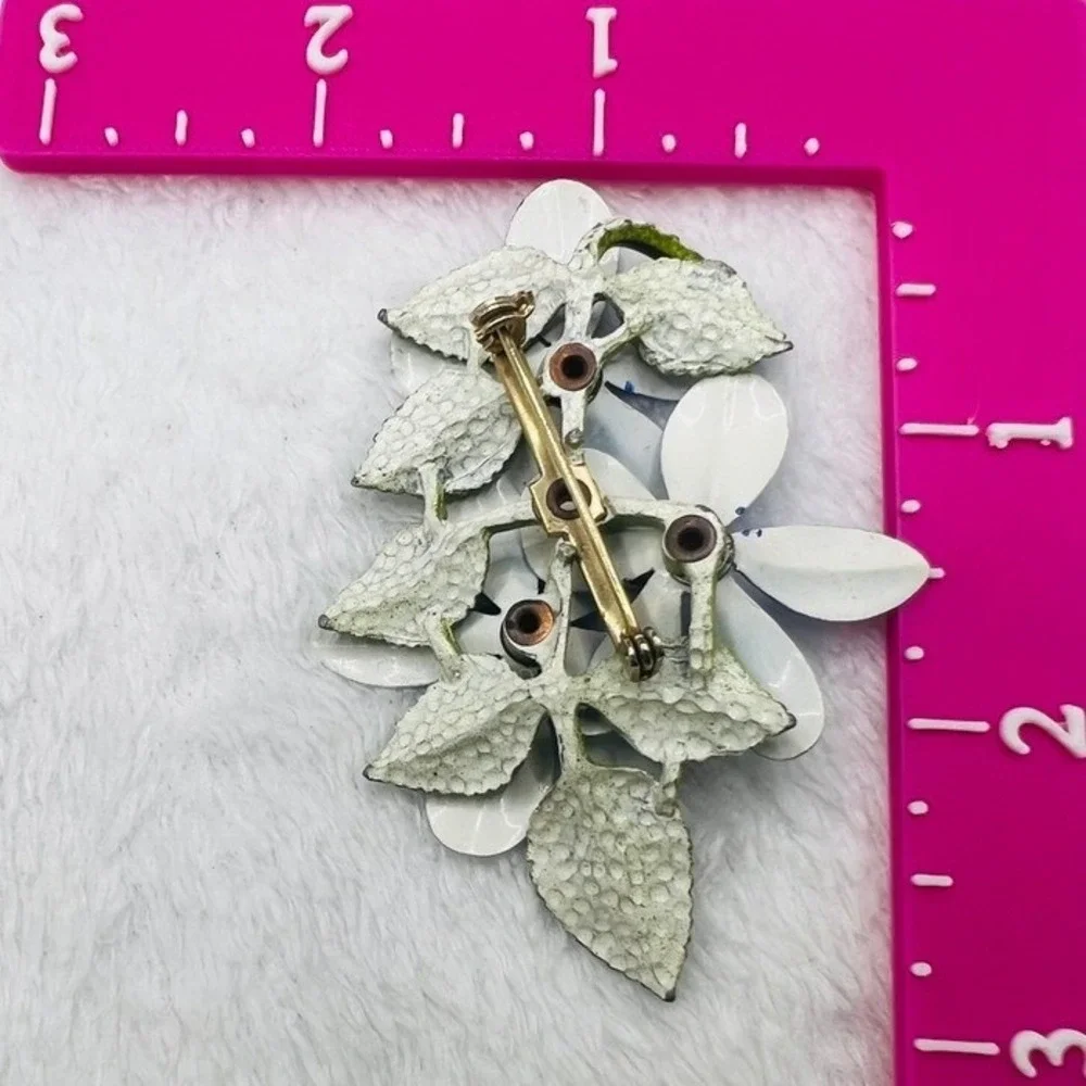Vintage Flower‎ Power Brooch Blue Enamel Bouquet Leaves 3X2